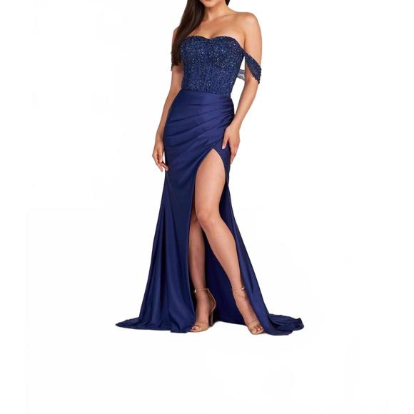 NEW ELLIE WILDE off-shoulder satin prom dress in navy